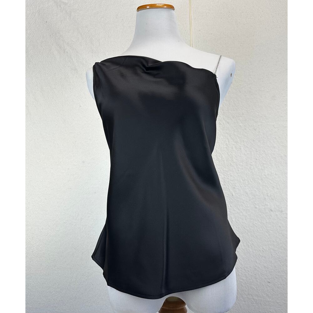 Nicole Miller Black Satin One-Shoulder Blouse Delicate Silver Chain Glamrock